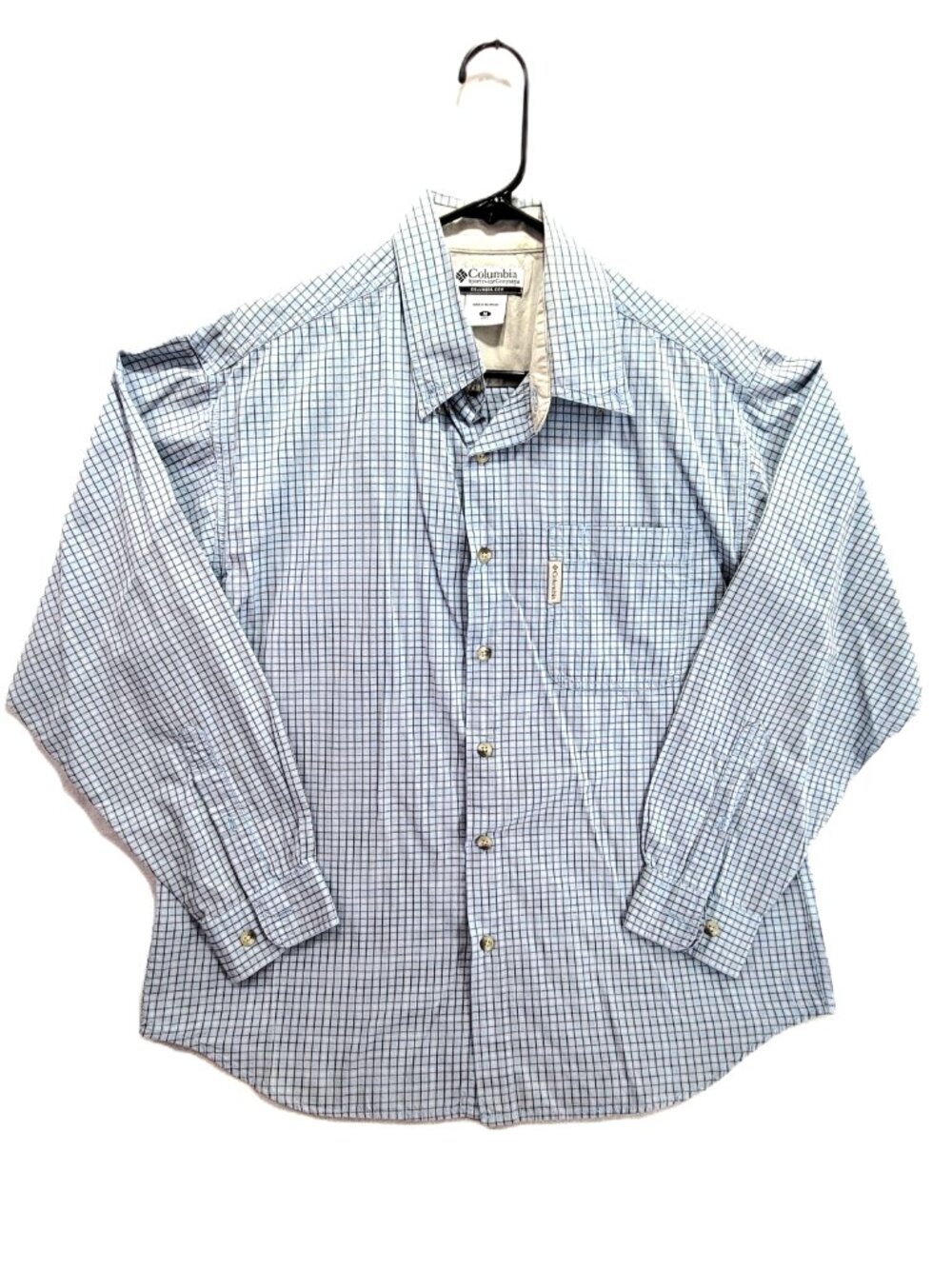 Columbia Men’s M Long Sleeve Plaid Button Up Shirt Blue Gray 100% Cotton